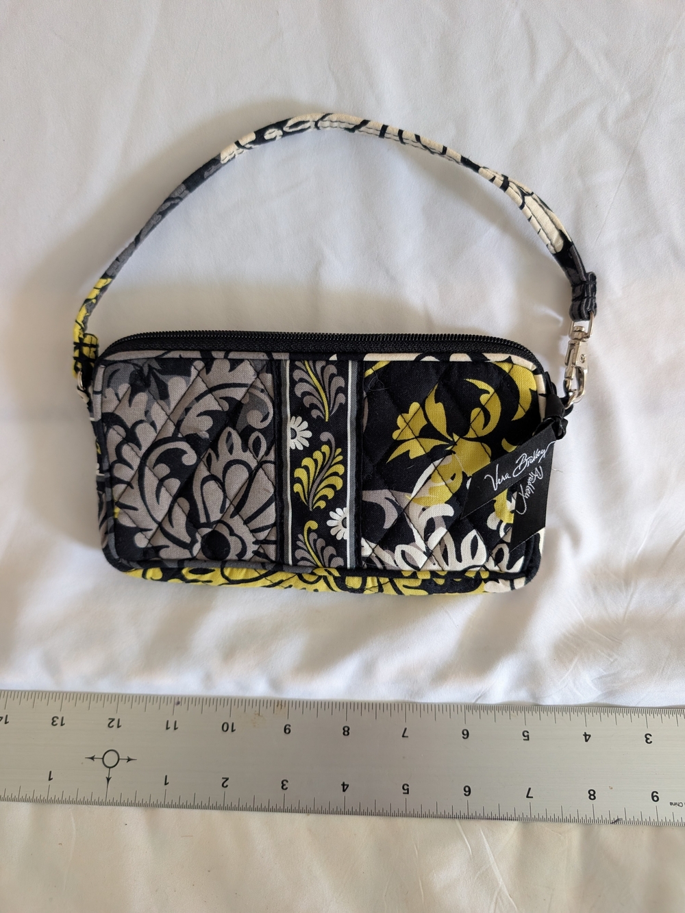 Vera Bradley Black Yellow Cream Floral Quilted Wristlet
